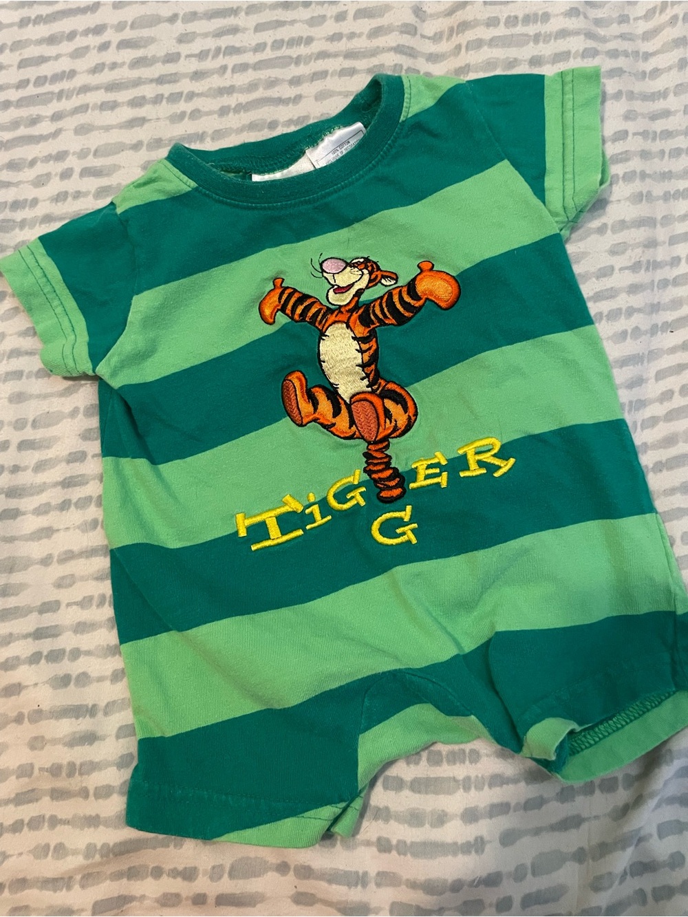 Y2K Baby Green Striped One-Piece with Tigger Graphic